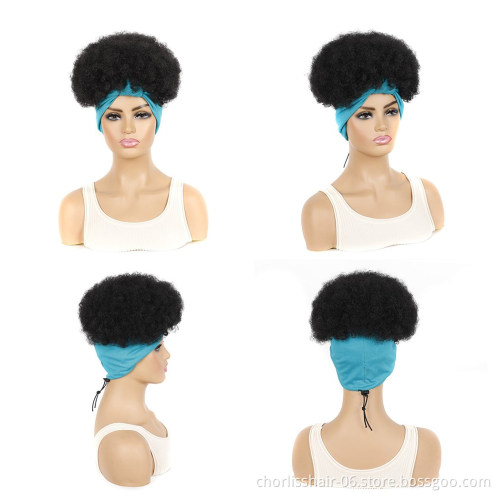 Wholesale Ombre Cheap Turban Afro Wig Afro Wig Short Heat Resistant Fluffy Synthetic Wig With Headband Attached For Women